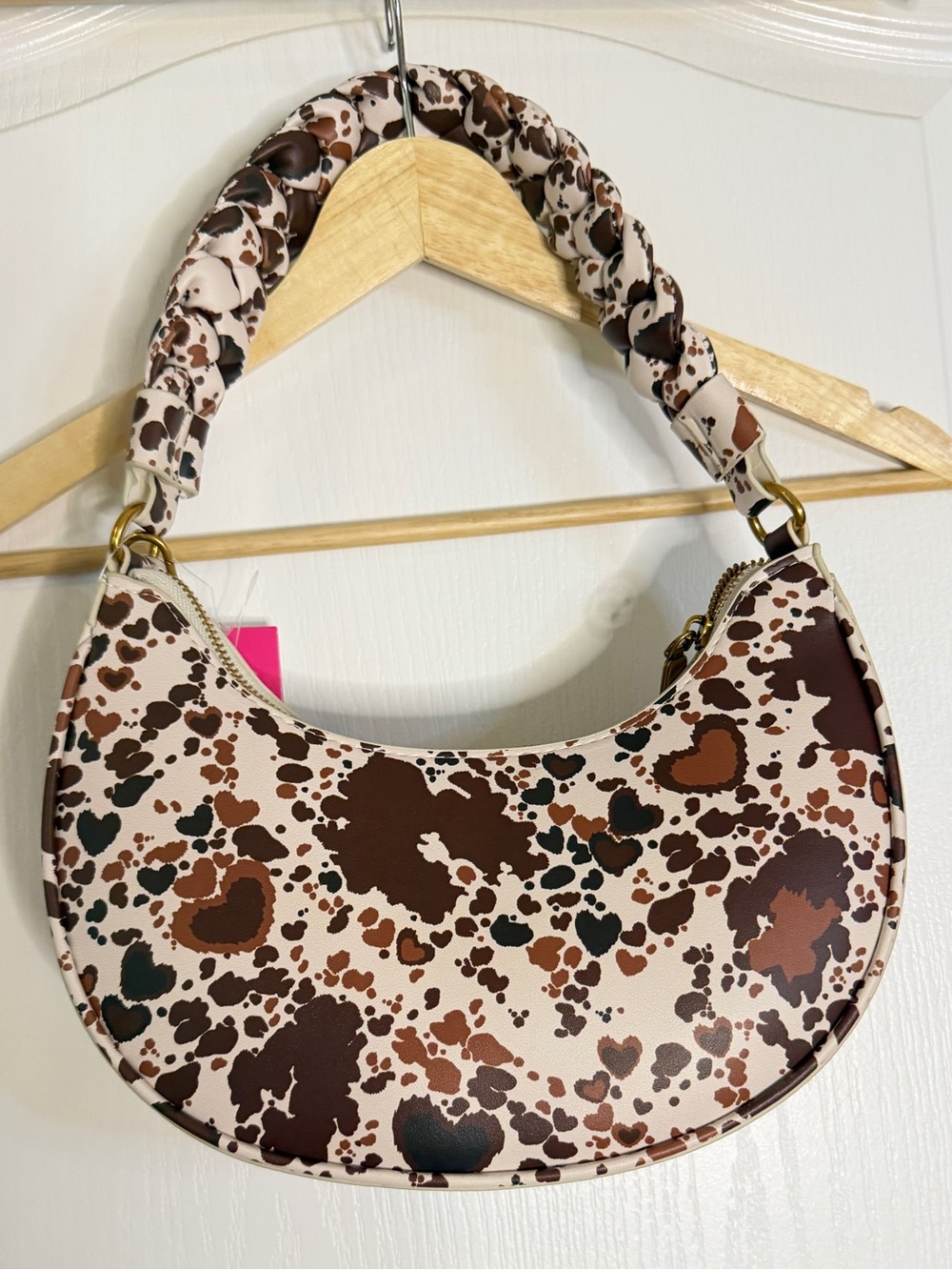 Betsey Johnson Brown, Cream & Dark Brown Spotted Crescent Shoulder Bag New
